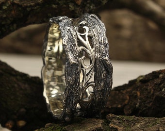 Rustic style tree band, Unique men's silver wedding band, Men's branch wedding ring, Tree bark and vine ring, Large silver ring, Silver ring