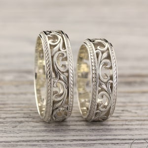 Vintage style silver wedding bands, Nature wedding rings, Couple rings, Leaves wedding band set, Expensive silver rings, Unique set ring
