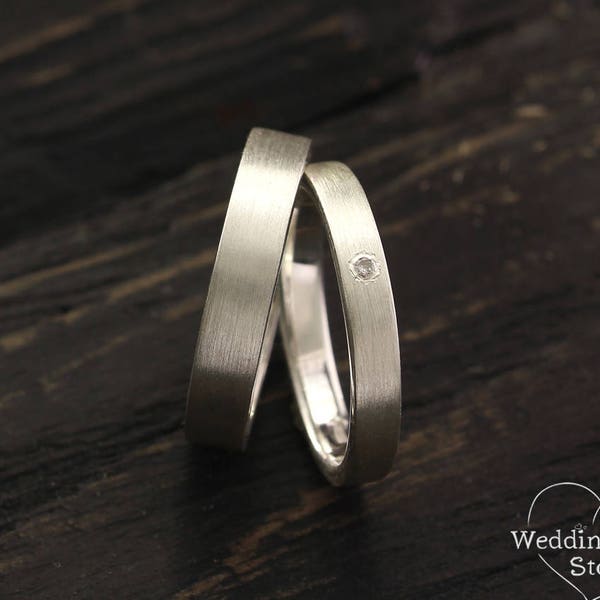 Simple wedding band set, His and hers wedding rings, Matte finish bands, Men silver wedding band, Women silver wedding ring, Wedding rings