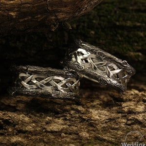 His and Her tree braided wedding bands set, Unique tree bark bands set, His and Her braided rings set, Couple wedding bands, Matching rings