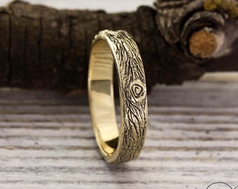 Tree Wedding Band 14k Solid Gold Wood Texture Rustic Nature inspired