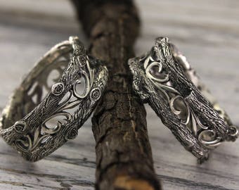 Seine und Ihre Baum Eheringe, Vintage-Stil Seine und Ihre Ringe Set, Baumbänder Set, Sterling Silber Eheringe, Passende Eheringe