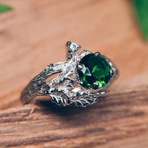 Oak Leaves Tree Branch Statement Ring Emerald and Diamond, Nature Inspired Unique Promise Ring Women, Twig Ring, Unique Gift for Mom
