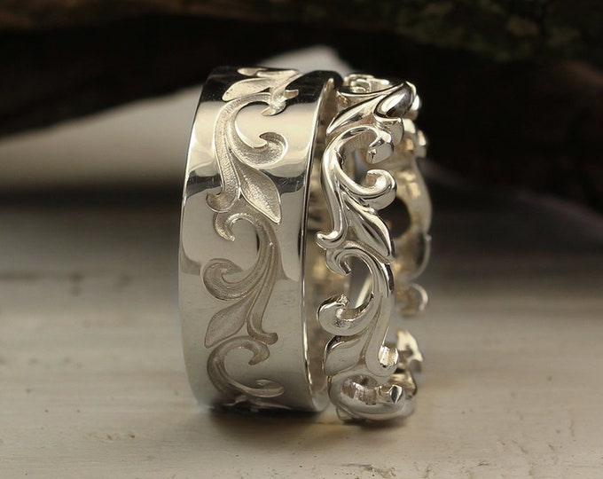 Vine Wedding Bands Set in Vintage Style, Unique Silver Wedding Rings