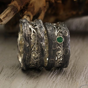 Unusual tree wedding bands set with emerald, His and Her tree matching rings set, Tree bark silver bands, Couple silver wedding bands