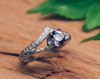 Chevron Ring with Natural Amethyst and CZ Diamonds, Nature Inspired Jewelry, Unique Nontraditional Engagement Ring for Her, Girlfriend Gift