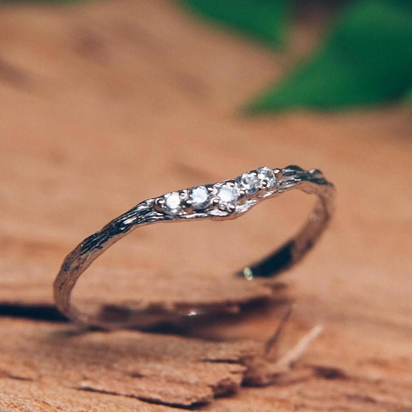 Thin Womens Curved Wedding band, Shiny Diamonds on a Tree Branch Tiny Silver Wishbone ring, Dainty Chevron Ring, V ring for girlfriend