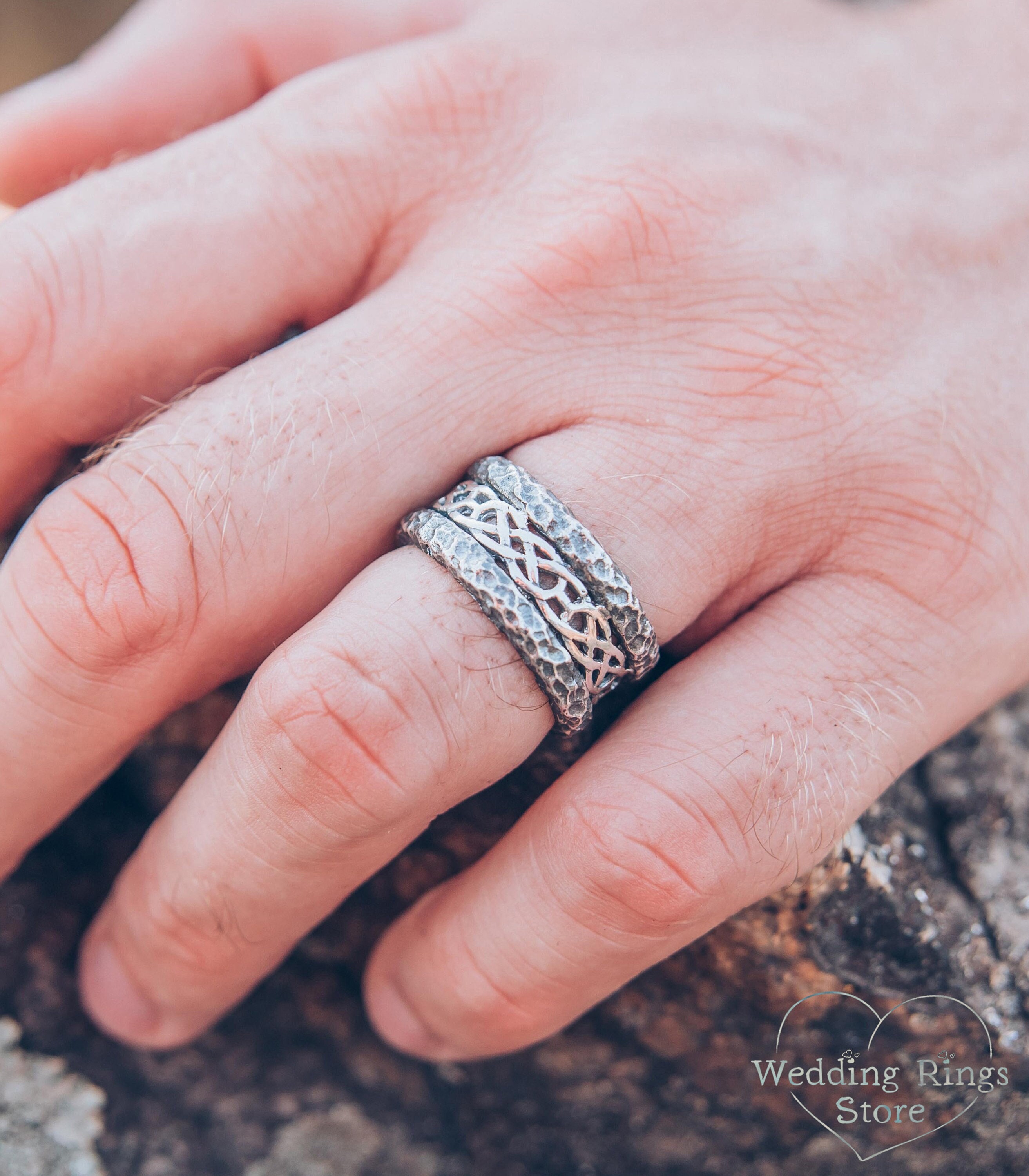 Unique Celtic Wedding Band Mens Hammered Wedding Band Mens Rocky
