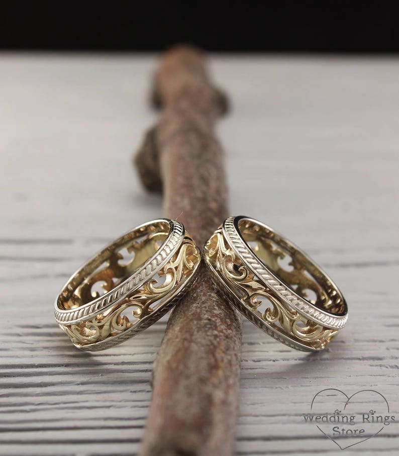 Mixed metals his and her vintage style wedding bands set Etsy