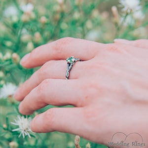 Emerald dainty branch engagement ring, Tiny twig engagement ring, Unique women's twig ring, Tree bark sterling silver ring, Emerald ring image 2