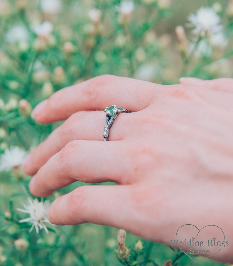 Emerald dainty branch engagement ring, Tiny twig engagement ring, Unique women's twig ring, Tree bark sterling silver ring, Emerald ring image 2