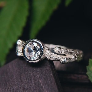 Unique Solitaire Silver Ring Bezel Setting, Women Engagement Ring Nature Inspired, Gemstone Anniversary Ring Gift  for Wife