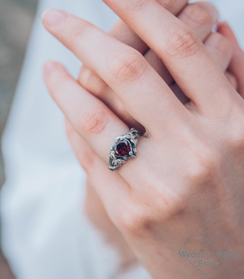 Dainty Ruby Heart & Branch Engagement Ring Heart Gemstone Etsy