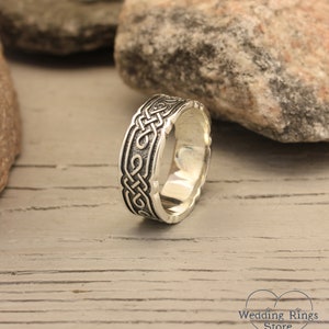 Mens Celtic Wedding Band Wide Silver Ring Viking Wedding Ring Vintage style ring Scottish Ring Brutalist Sterling Silver Band image 5