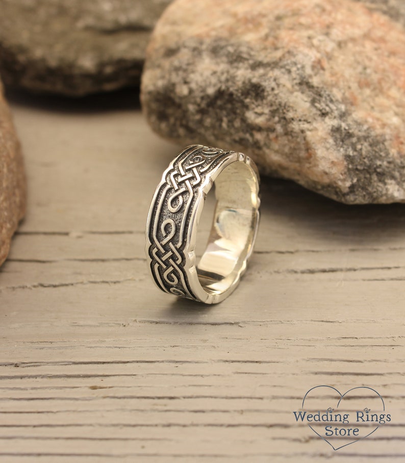 Mens Celtic Wedding Band Wide Silver Ring Viking Wedding Ring Vintage style ring Scottish Ring Brutalist Sterling Silver Band image 5