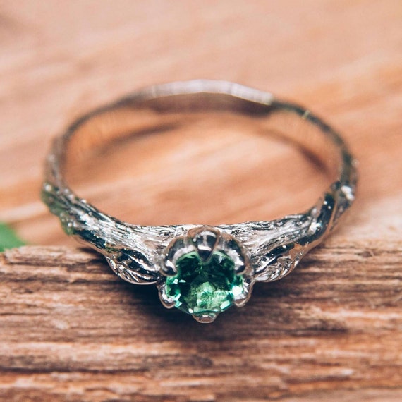 Dainty Shiny Silver Tree Branch and Small Leaf Engagement Ring wuth Green Quartz Delicate Nature inspired Twig and Green Stone Ring