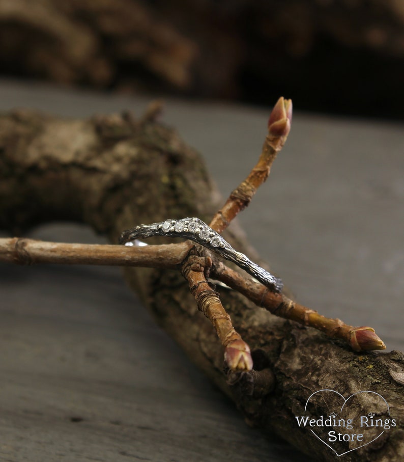 Tiny Tree bark Chevron Ring, Unique Silver V Ring, Thin Silver Stacking Ring Woodbark and Gemstones, CZ Curved Wedding Band for Women image 6