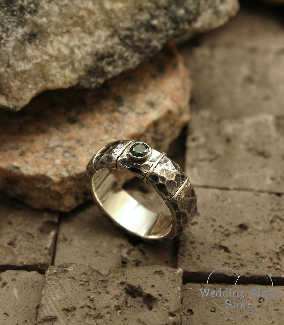 Unique men's rocky wedding band with Emerald Hammered Etsy