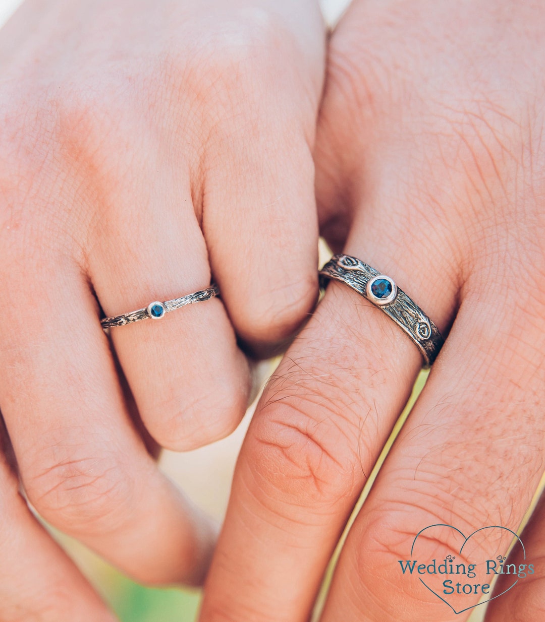 Sapphire and Tree Bark Silver Unique Matching Wedding Bands Set His and ...