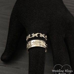 Alianzas de boda de vid en estilo vintage, Conjunto de anillos de boda de plata únicos, Alianzas a juego, Conjunto de alianzas de boda inusual, Alianzas de plata de ley imagen 7