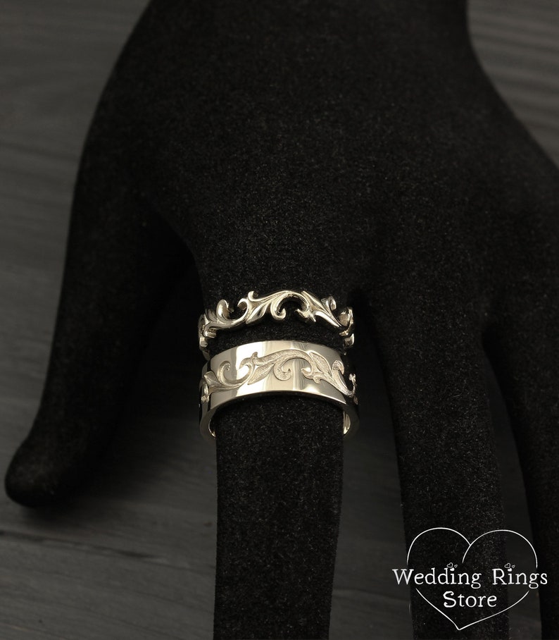 Alianzas de boda de vid en estilo vintage, Conjunto de anillos de boda de plata únicos, Alianzas a juego, Conjunto de alianzas de boda inusual, Alianzas de plata de ley imagen 7