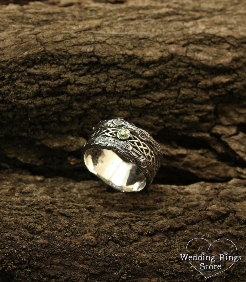 Celtic patterned band with Peridot, Celtic wedding band, Tree bark wedding band, Unusual celtic gift, Branch wedding ring, 10mm silver ring image 2