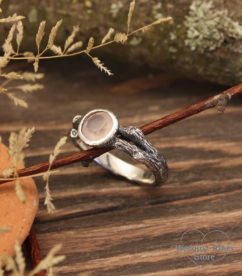 Silver Branch & Dainty Rose Quartz Ring Unique Nature Engagement Ring Nontraditional Wedding ring for Women Christmas Gift Girlfriend image 3
