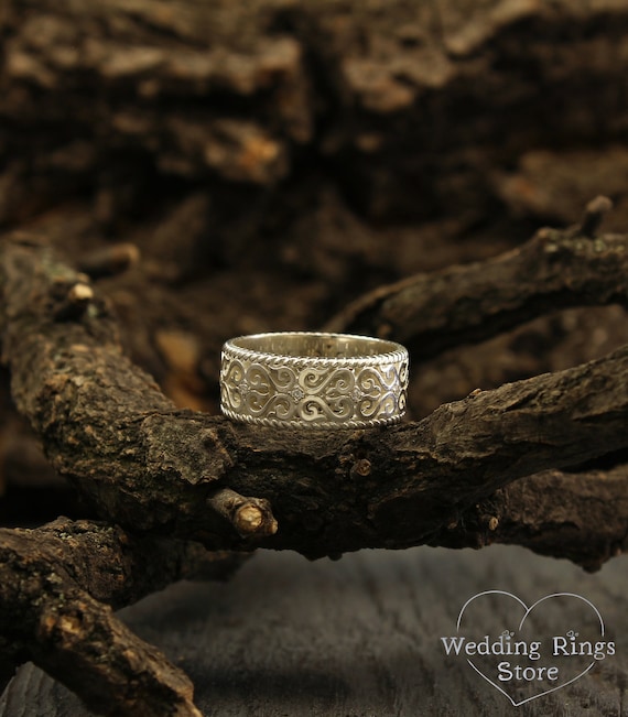 Vintage style wedding band with filigree, Unusual silver wedding band, Pattern wedding ring, Women wedding ring, Men's wedding band