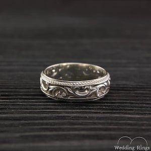 Filigree & Vine Wedding Band for Women and Men, Unique Sterling Silver Ring Vintage Style, Old Fashioned Style Medieval Ring Band and Leaves image 4