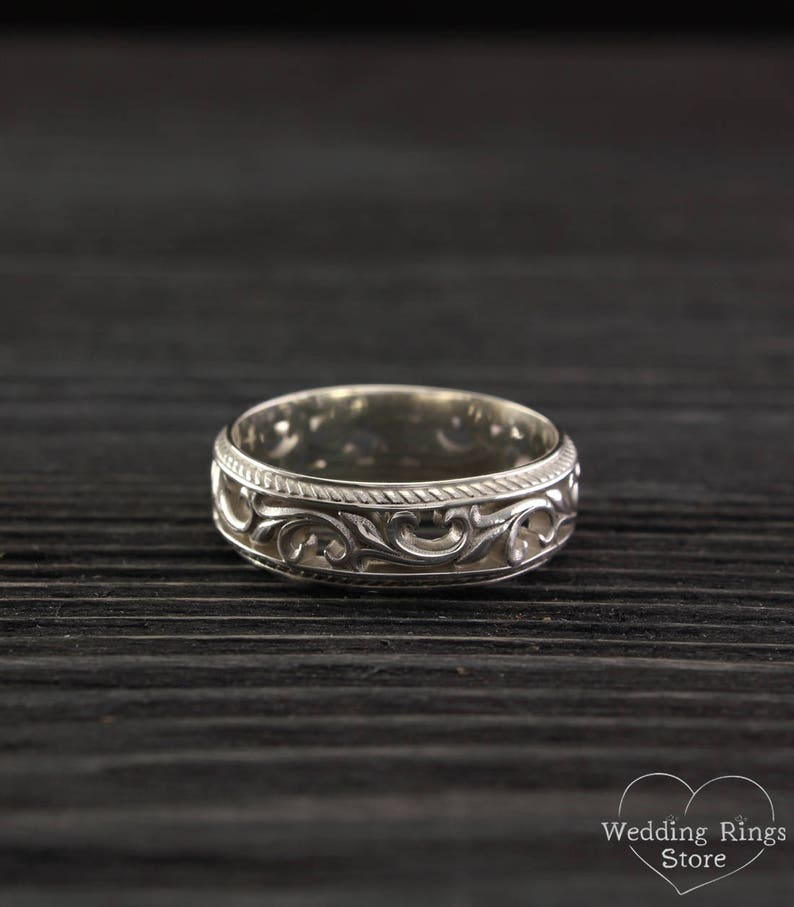 Filigree & Vine Wedding Band for Women and Men, Unique Sterling Silver Ring Vintage Style, Old Fashioned Style Medieval Ring Band and Leaves image 4