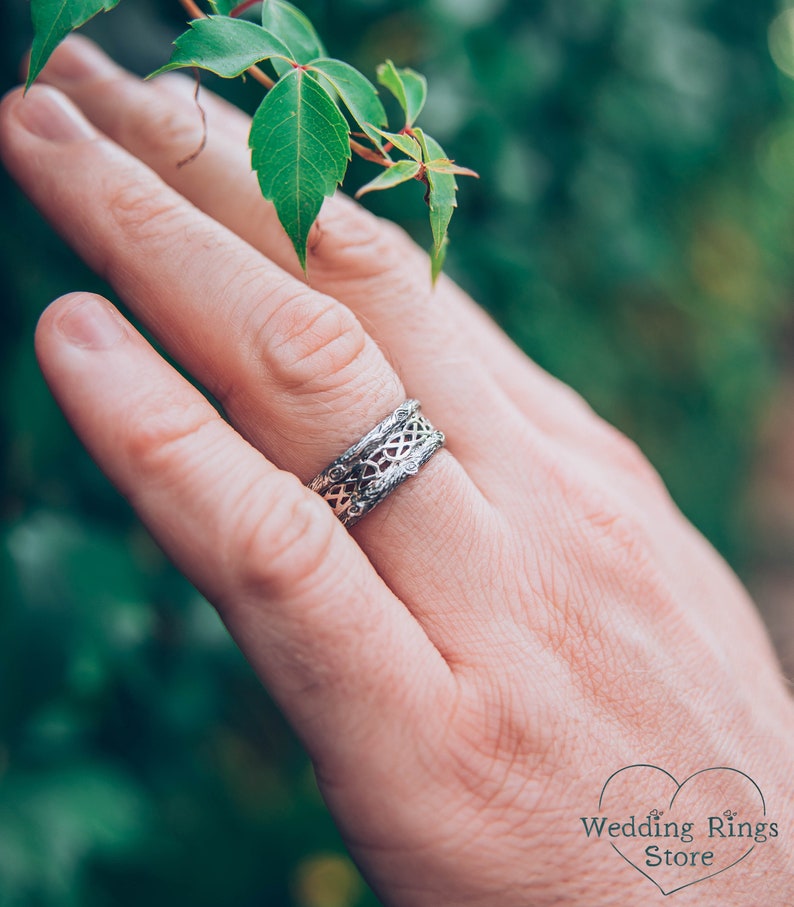 Tree mixed metals wedding band with celtic pattern, Celtic wedding band, Tree silver and gold ring, Celtic and tree bark band, Unique ring image 5