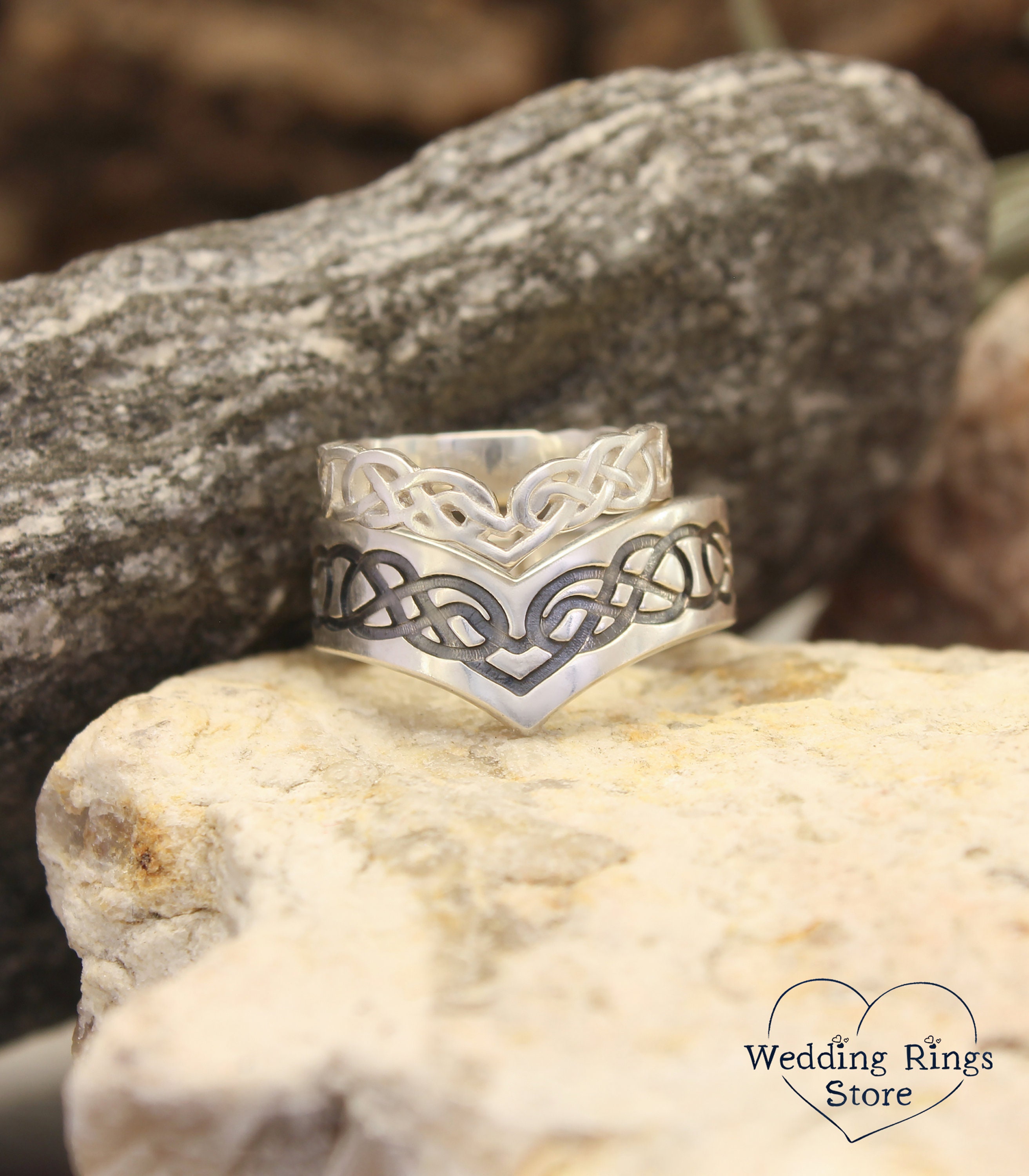 Chevron Celtic Wedding Bands Set Sterling Silver Irish Matching Couple Rings Set Vintage style Viking theme infinity Anniversary Jewelry Set