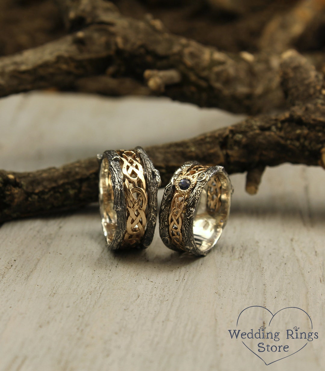 Celtic Pattern and Tree Bark Matching Wedding Bands With Sapphire, His ...