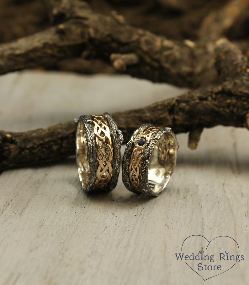 Celtic pattern and tree bark matching wedding bands with sapphire, His and her celtic bands set, Tree rings set, Couple celtic bands 
