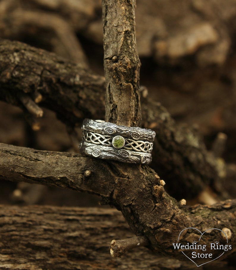 Celtic patterned band with Peridot, Celtic wedding band, Tree bark wedding band, Unusual celtic gift, Branch wedding ring, 10mm silver ring image 1