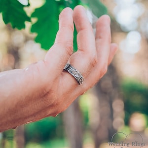 Tree bark wedding band, Rustic wedding ring, Family tree wedding ring, Nature silver ring, Large wedding band, Men's band, Women ring image 4