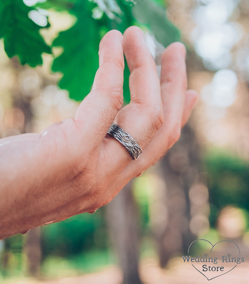 Tree bark wedding band, Rustic wedding ring, Family tree wedding ring, Nature silver ring, Large wedding band, Men's band, Women ring image 4