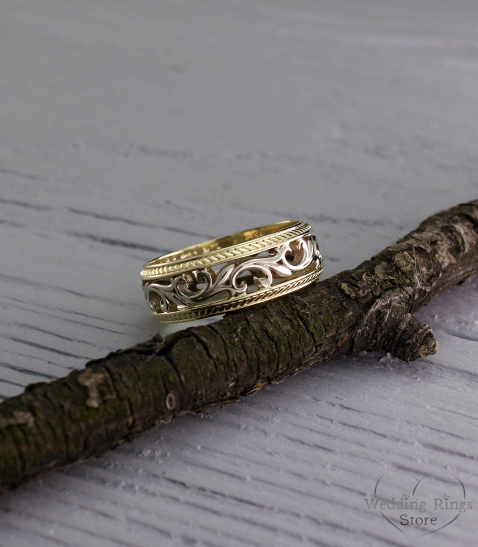 Vintage Style Vine Wedding Band Two Tone Gold Vine Ring Etsy