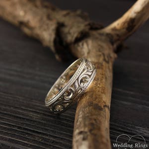 Filigree & Vine Wedding Band for Women and Men, Unique Sterling Silver Ring Vintage Style, Old Fashioned Style Medieval Ring Band and Leaves image 5