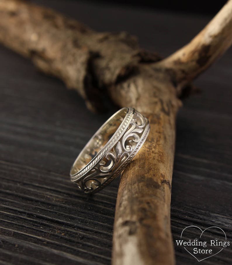 Filigree & Vine Wedding Band for Women and Men, Unique Sterling Silver Ring Vintage Style, Old Fashioned Style Medieval Ring Band and Leaves image 5