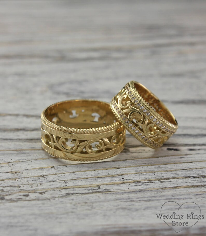 Vine Wedding Rings Made in Vintage Style Large Wedding Bands Etsy