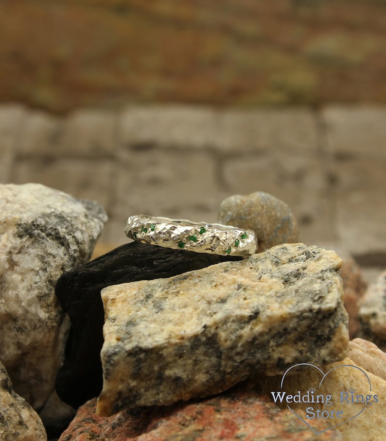 Hammered wedding band with emerald, Unique rocky wedding band, Wild relief band, Mens hammered ring, Unusual wedding band, Solid silver ring image 9