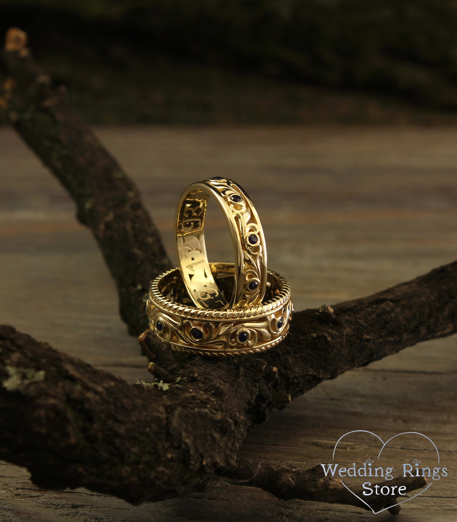 Vintage style wedding bands set with sapphires Vine wedding Etsy