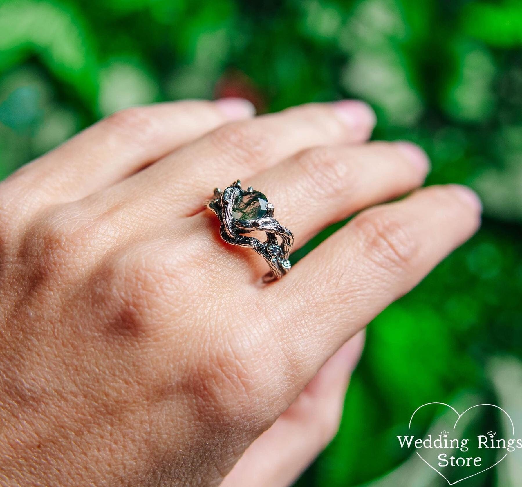 Curved Branch Moss Agate Engagement Ring Whimsical Fantasy Tree, Green Stone on Twisted Twig Ring, Wood Engagement Band and Green Agate Gem