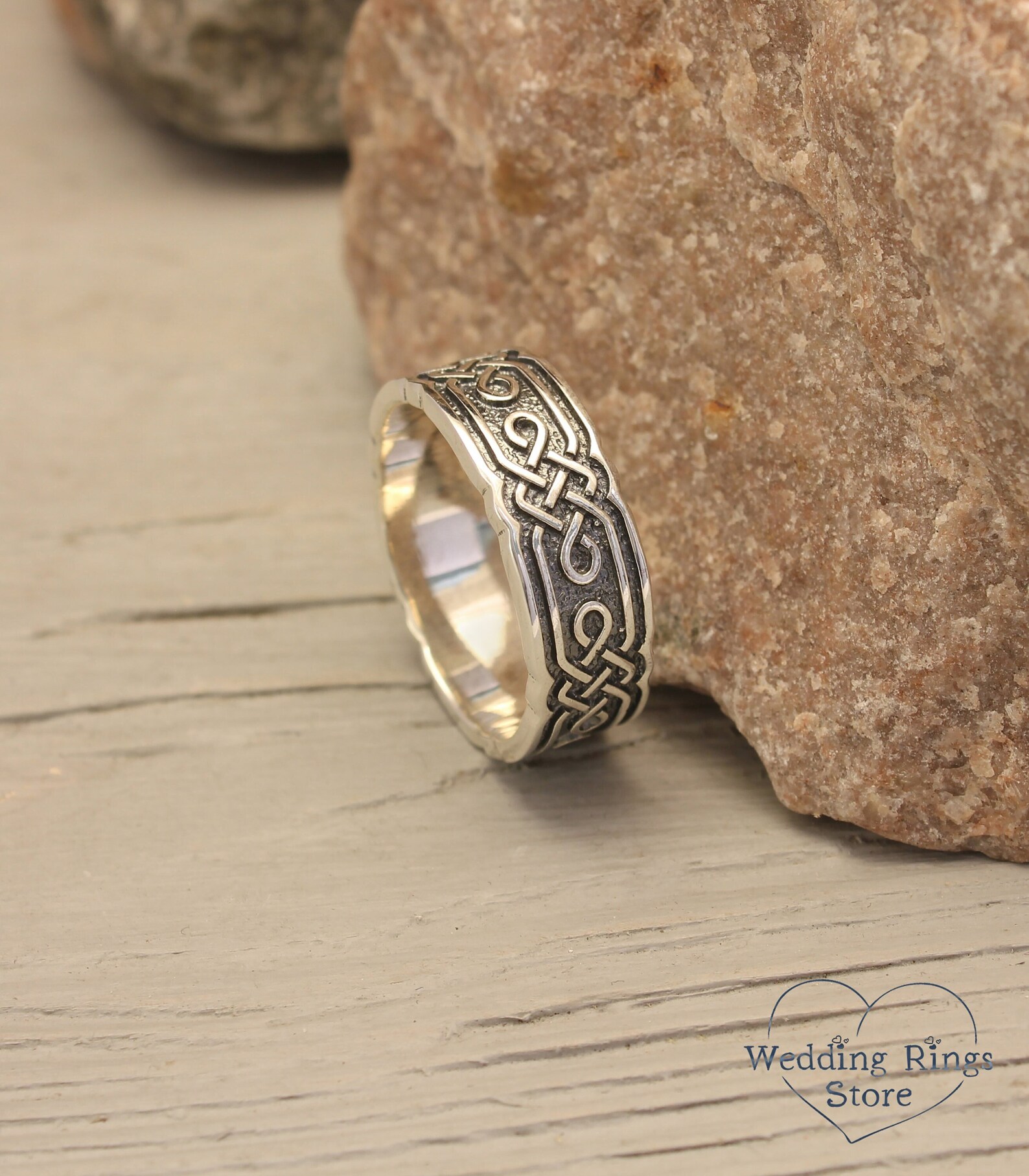 Mens Celtic Wedding Band — Wide Silver Ring — Viking Wedding Ring ...