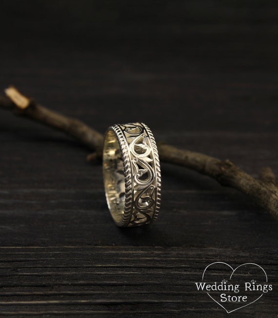 White Gold Vine and Filigree Wedding Band Women & Men Vintage
