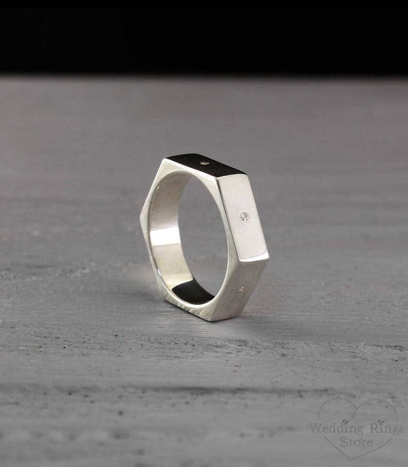 5mm Hexagon Wedding Band in Sterling Silver for Men and Women Etsy