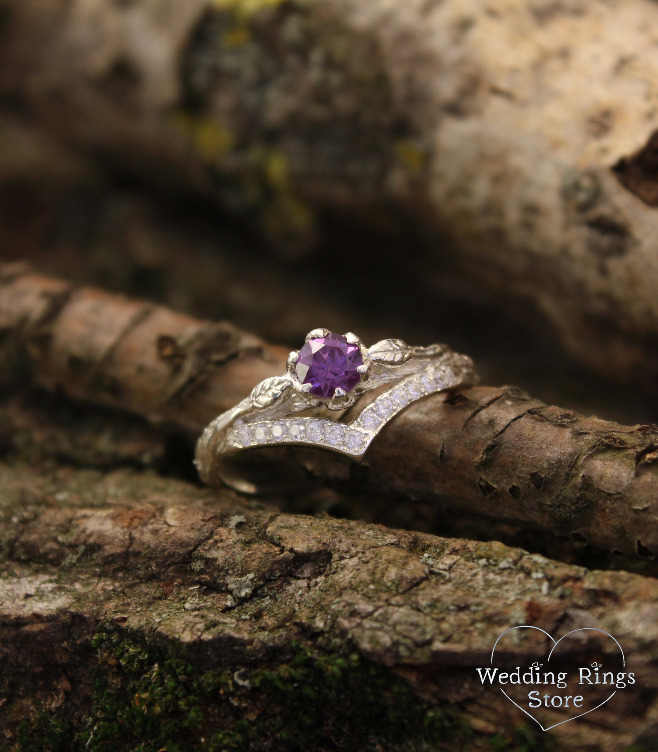 Elegant Sterling Silver V-ring With 5mm Natural Amethyst on Twig Strewn  With Small Gems and Cute Leaves, Women\'s Chevron Ring - Etsy