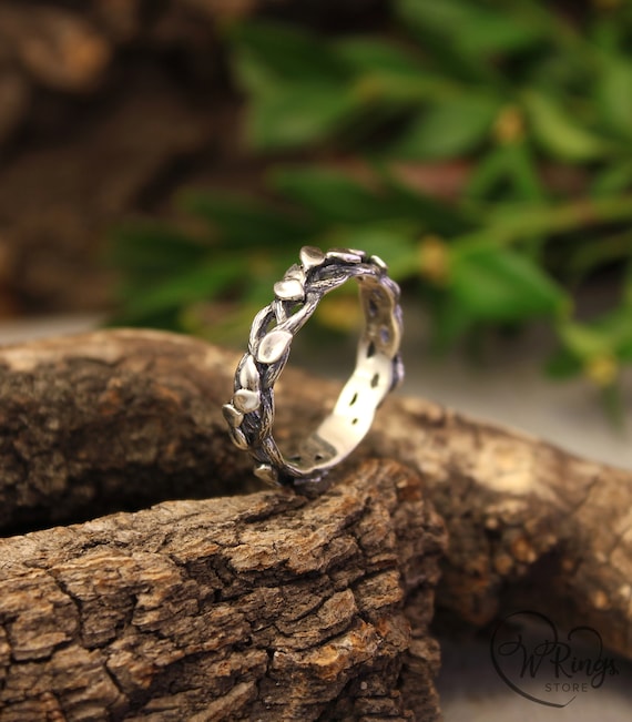 Twist Twig With Leaves Sterling Silver Wedding Band, Tree and Leaf