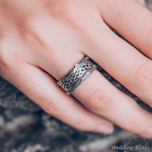 Unique silver tree band with celtic pattern, Tree silver wedding band, Celtic wedding ring with tree bark, Wide silver ring, Unusual band image 7